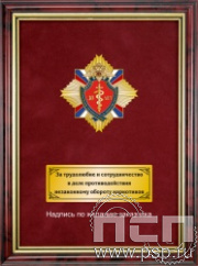 5.7.22.30. Панно с нагрудным знаком Управление по контролю за оборотом наркотиков МВД России" на бархате в рамке