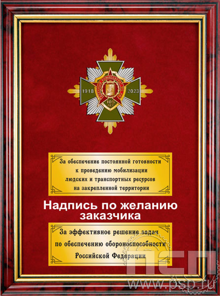 5.7.01.246. Панно с нагрудным знаком "105 лет Военный комиссариат МО РФ" на бархате в рамке