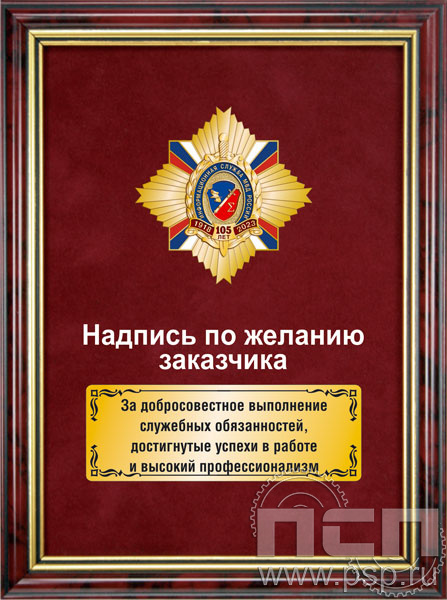 5.7.22.35.  Панно с нагрудным знаком "105 лет Информационная служба МВД" на бархате в рамке