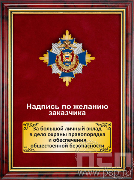 5.7.01.249. Панно с нагрудным знаком "100 лет Патрульно-постовая служба МВД" на бархате в рамке