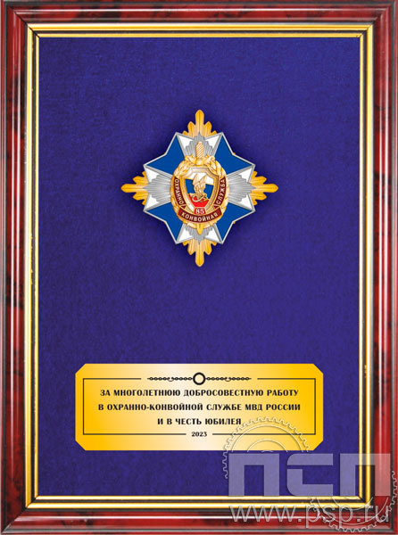 5.7.01.247. Панно с нагрудным знаком "85 лет Охранно-конвойная служба МВД РФ" на бархате в рамке