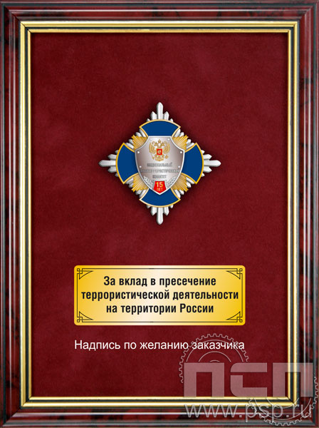 5.7.01.231. Панно с нагрудным знаком "15 лет Национальный антитеррористический комитет" на бархате