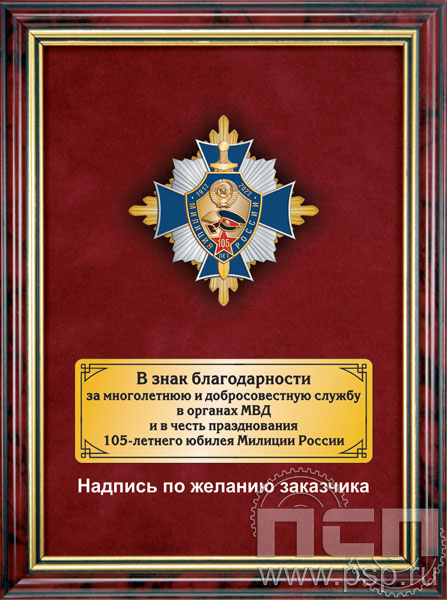 5.7.01.36. Панно с нагрудным знаком "105 лет Милиция России" на бархате