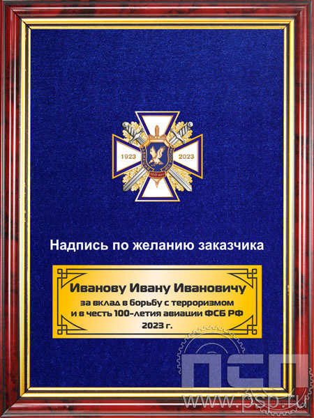5.7.77.67. Панно с нагрудным знаком "100 лет Авиация ФСБ" на бархате в рамке