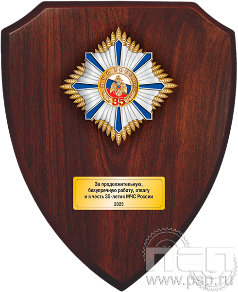 5.8.173.1.F Панно со знаком на деревянном щите "МЧС России 35 лет и Авиация МЧС РФ 30 лет"