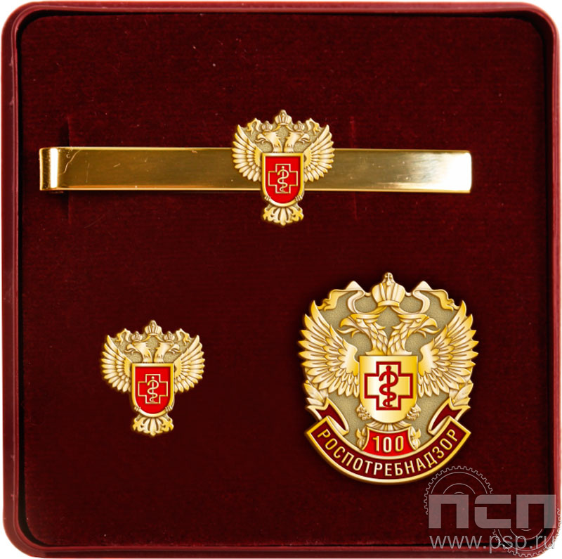 9.6. Комплект наградной с заколкой для галстука, значком и нагрудным знаком "100 лет Роспотребнадзор"
