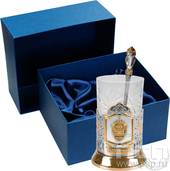 Набор подарочный "Герб ФСБ" с позолоченным подстаканником в футляре  4.2.1.16