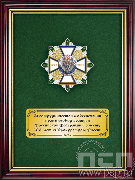 5.7.105.155. Панно с нагрудным знаком "300 лет Прокуратура России" на бархате в рамке